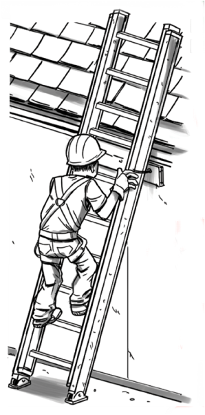 Construction worker climbing ladder