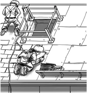 Roofers working with fall protection