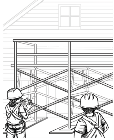 Two construction workers inspecting scaffolding