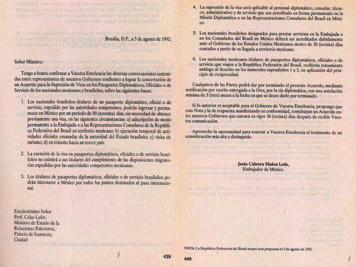 Acordo de Supressão de Vistos Diplomáticos, Oficiais e de Serviço entre México e Brasil de 05.ago.92 Acordo de Supressão de Vistos Diplomáticos, Oficiais e de Serviço entre México e Brasil de 05.ago.92